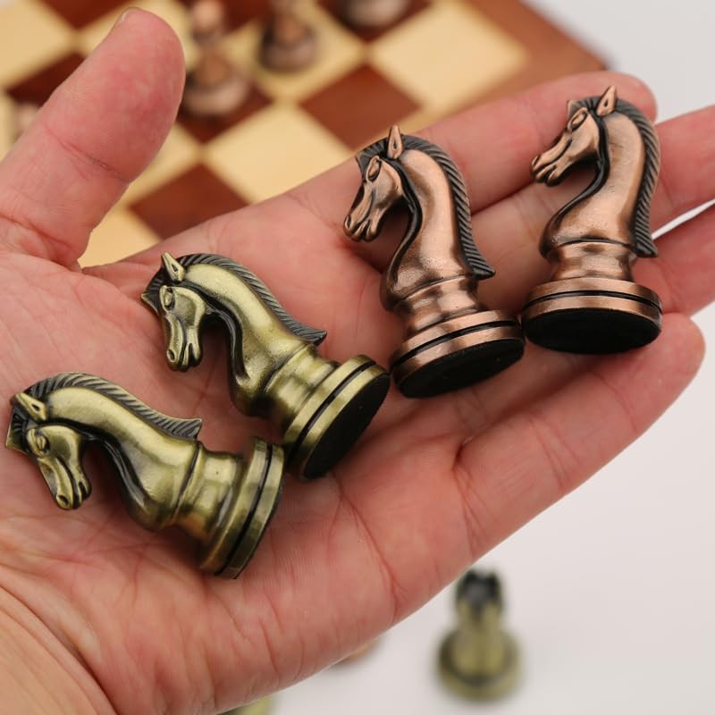 Agirlgle Retro Metal Chess Set with Folding 6.5 x 13.3 x 1.7 inches, Bronze