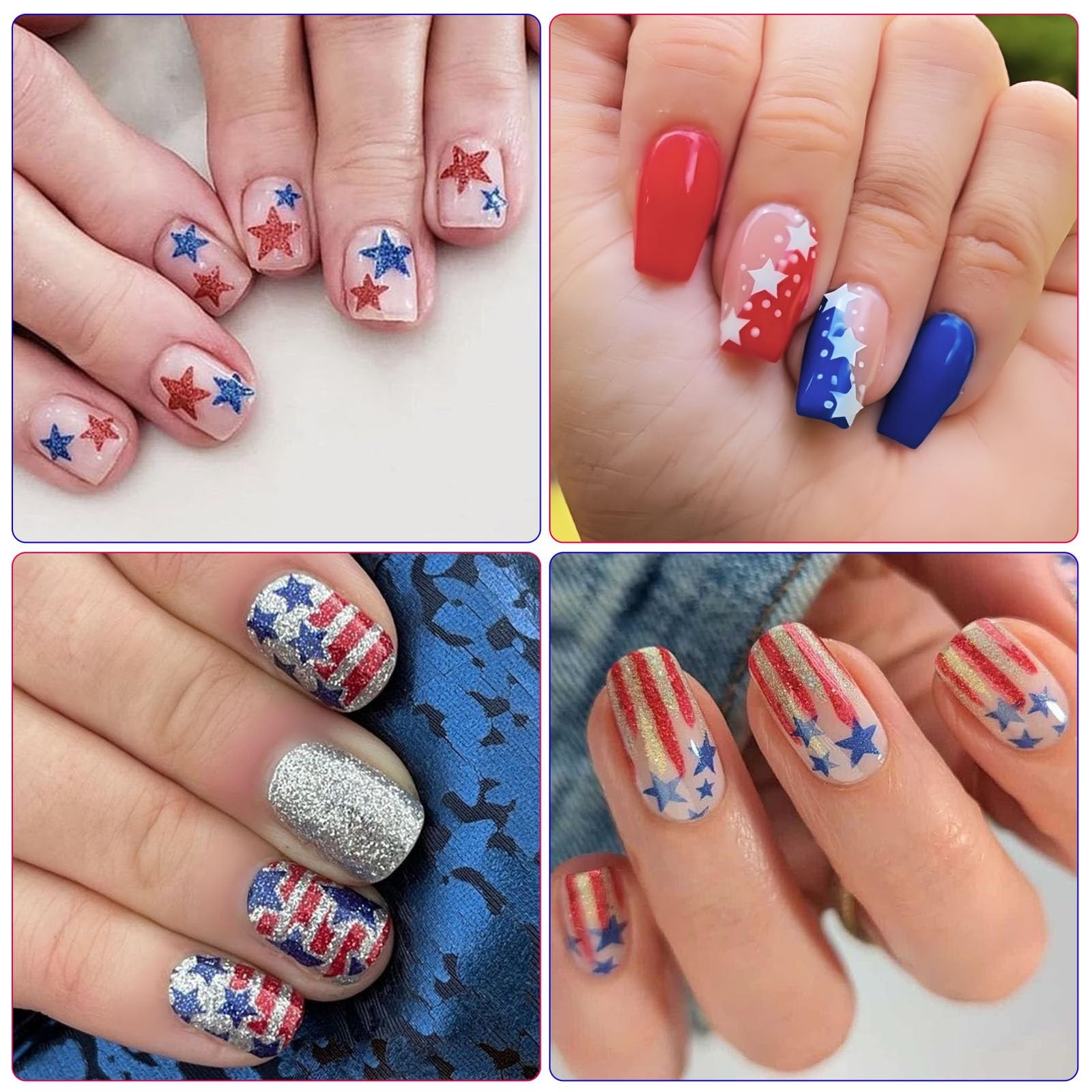 4th of July Nail Stickers, Glitter Red Blue White Star Independence Day Nail