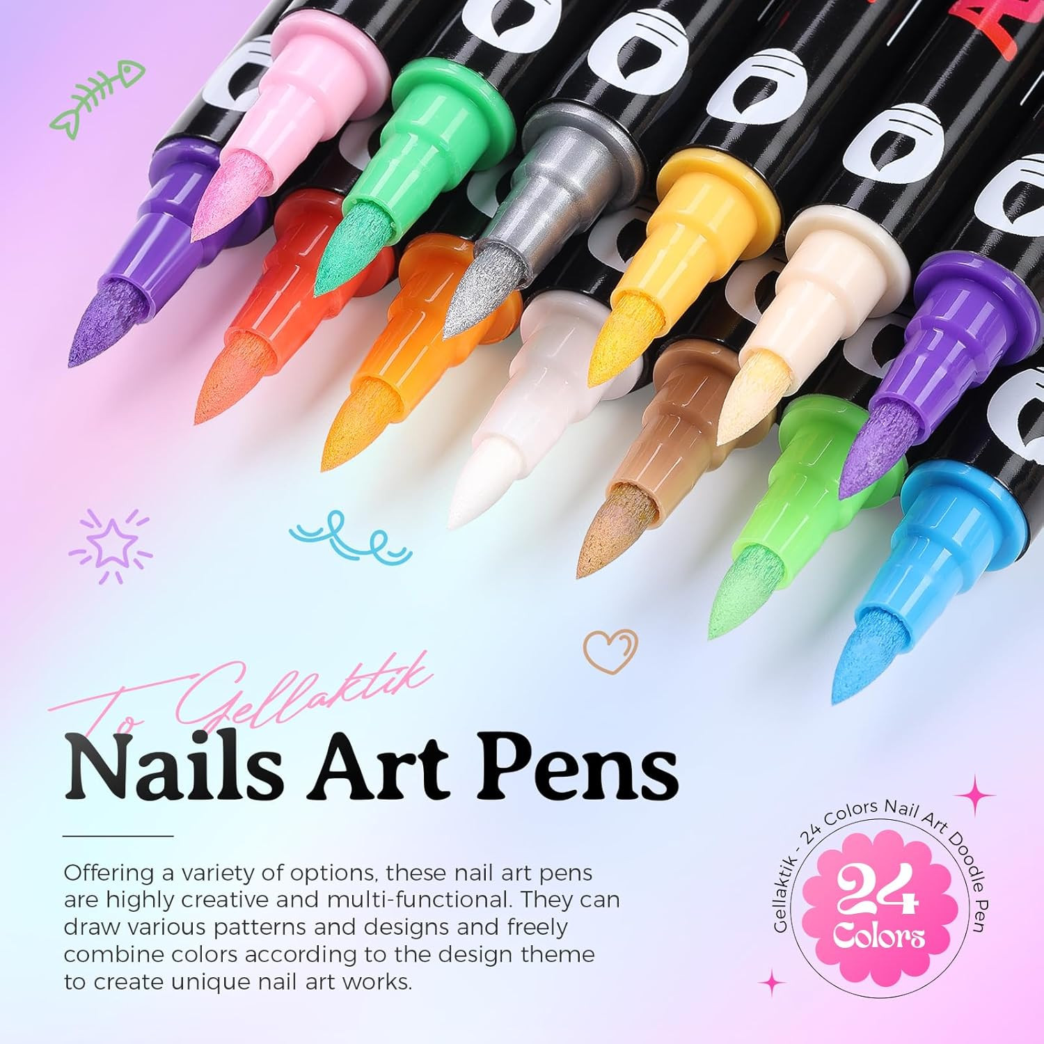 24-Color Nail Art Pens Set, Dual-Tip Quick Dry Non-Toxic for DIY Designs