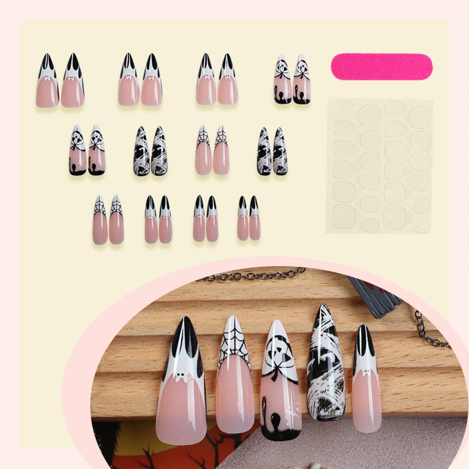 Halloween Press on Nails Pumpkin French Tip False Nails Medium Almond Full Co…
