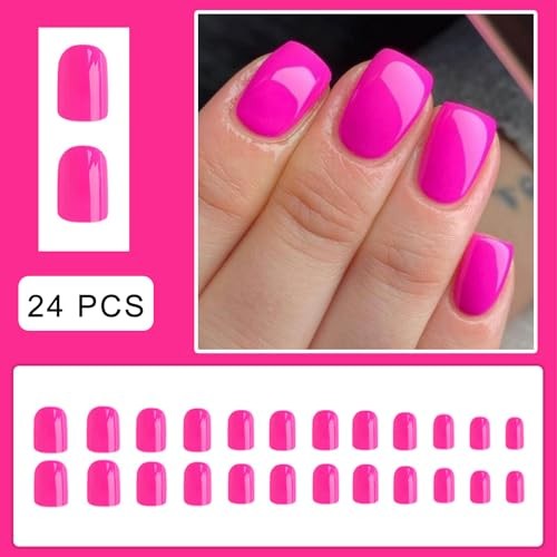 Hot Pink Press on Nails Short Square Fake Nails Solid Color False Nail Design