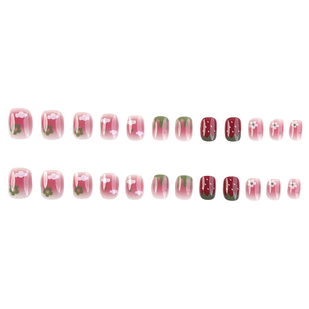 Red Square Fake Nail Blush Pink False Nail with Strawberry Printed Nail Tips