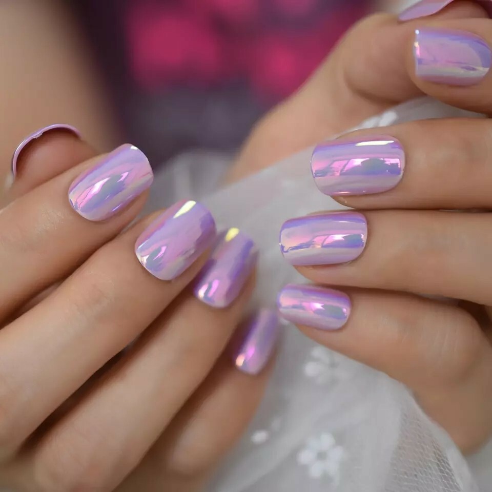 Holographic Press on Nails Pink Purple Metallic with glue unicorn chrome mirror