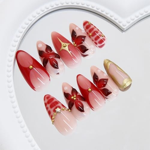 24 Pcs Red Flower Press on Nails Medium Almond Fake Nails with 3D Red Flower-7