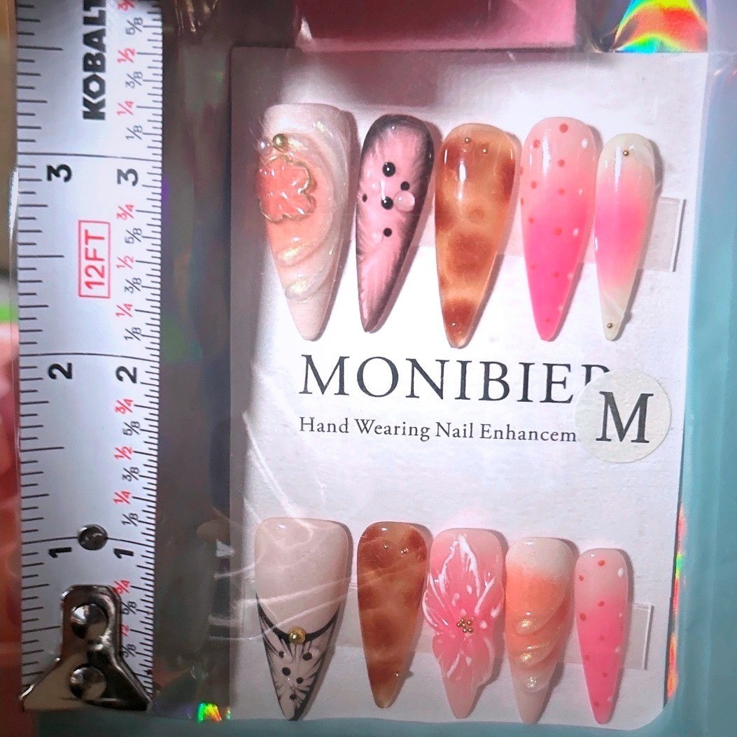 MONIBIER Pink Brown Animal Print Floral Press On Nails Coffin Medium