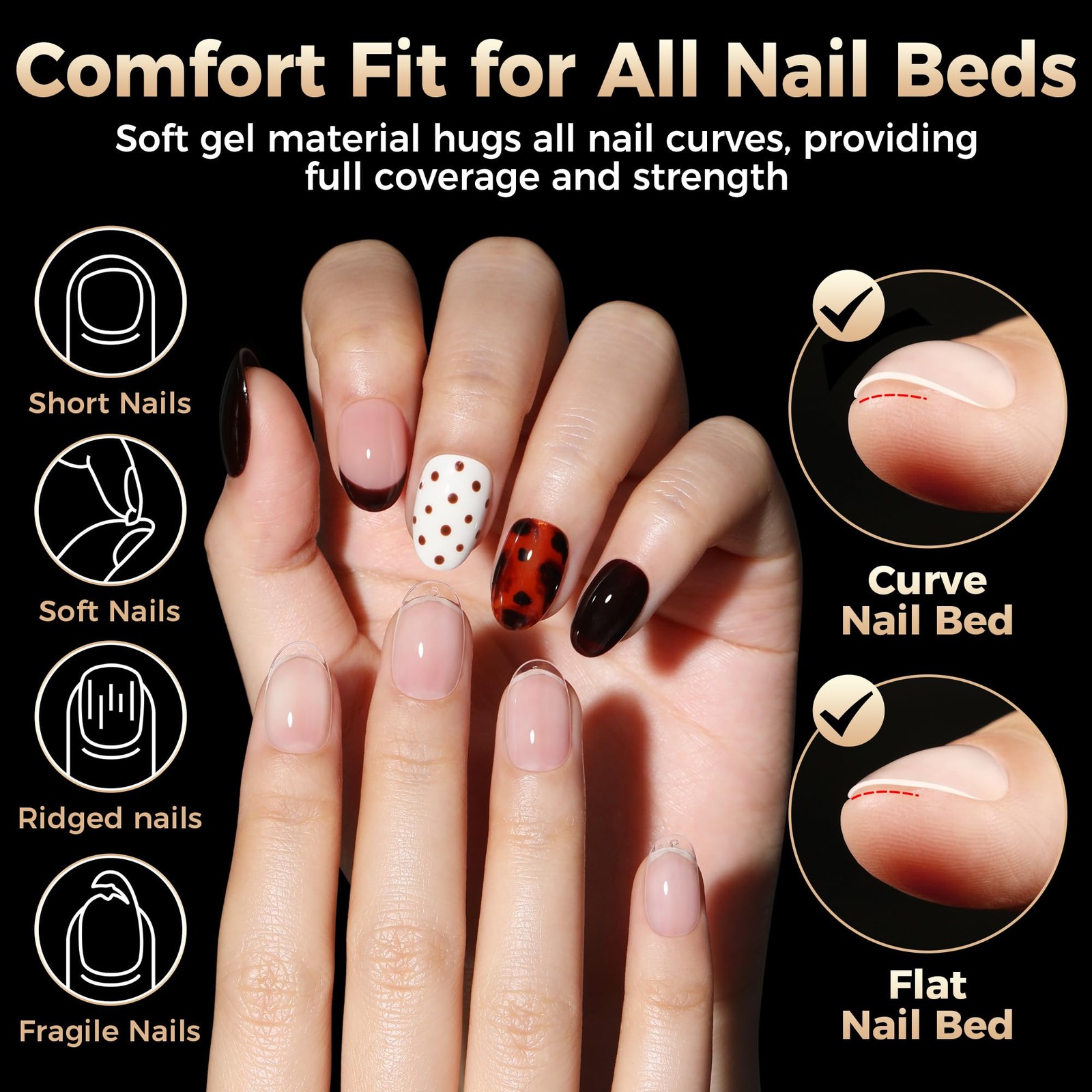 Short Oval Round Nail Tips: 504Pcs Tri-Layer Core Soft 12 Sizes, black, white