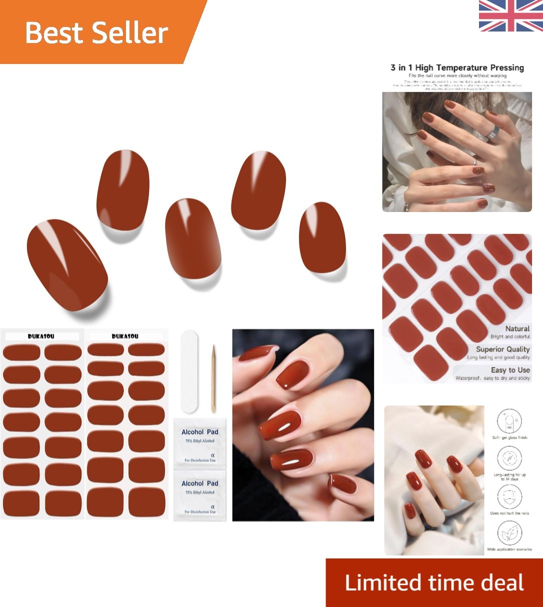 Dukasou 32 Semi Cured Gel Nail Wraps – Vibrant Red for Effortless Style