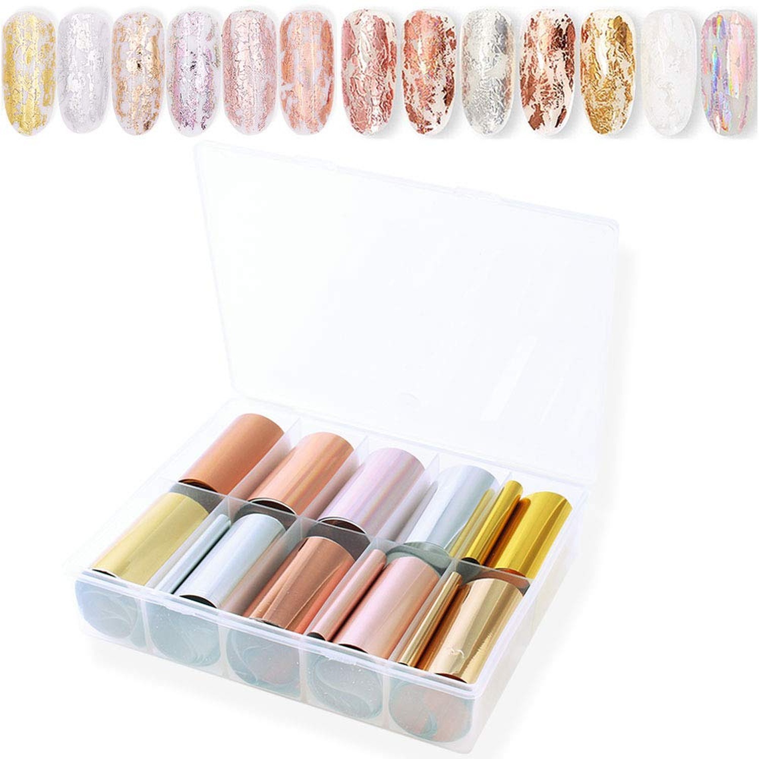 SILPECWEE 10 Rolls Gold Rose Gold Flakes Metallic Nail Transfer Foils – Nail …