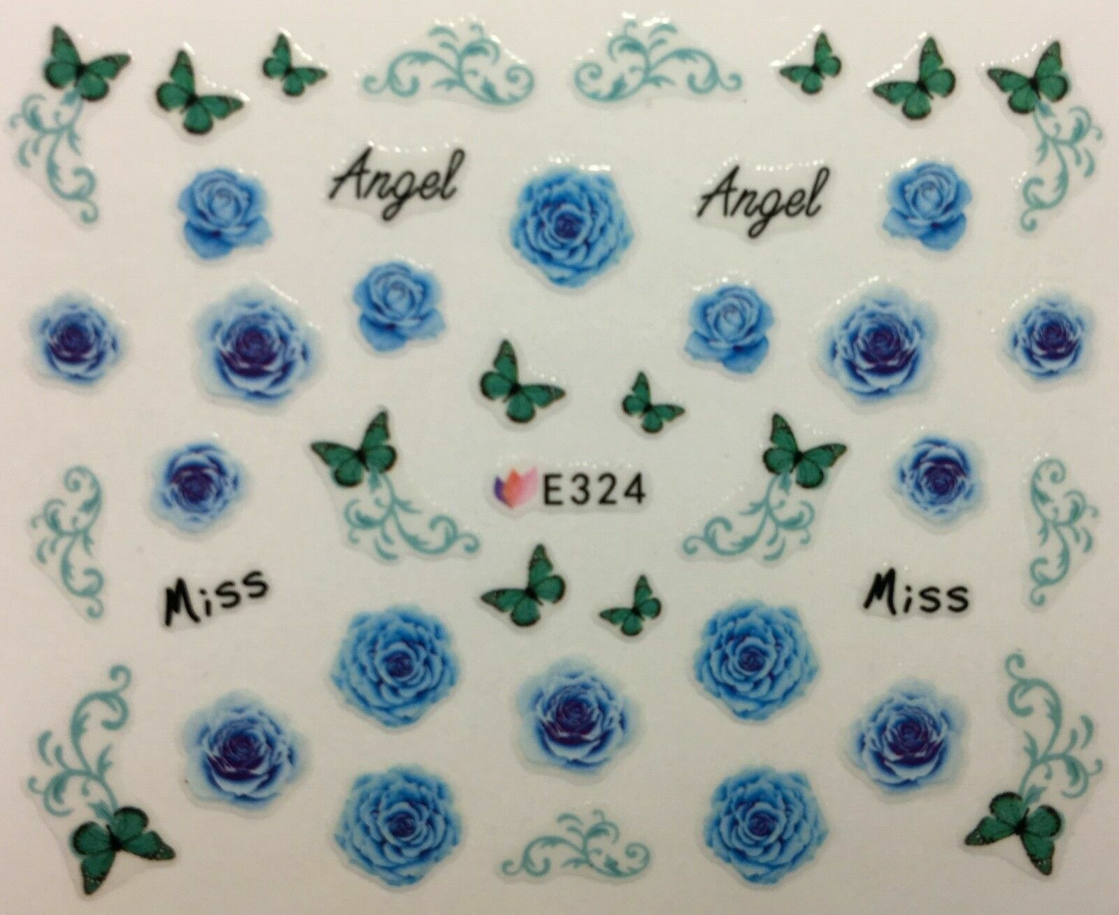 Nail Art 3D Decal Stickers Blue Roses Teal Butterflies Miss Angel E324