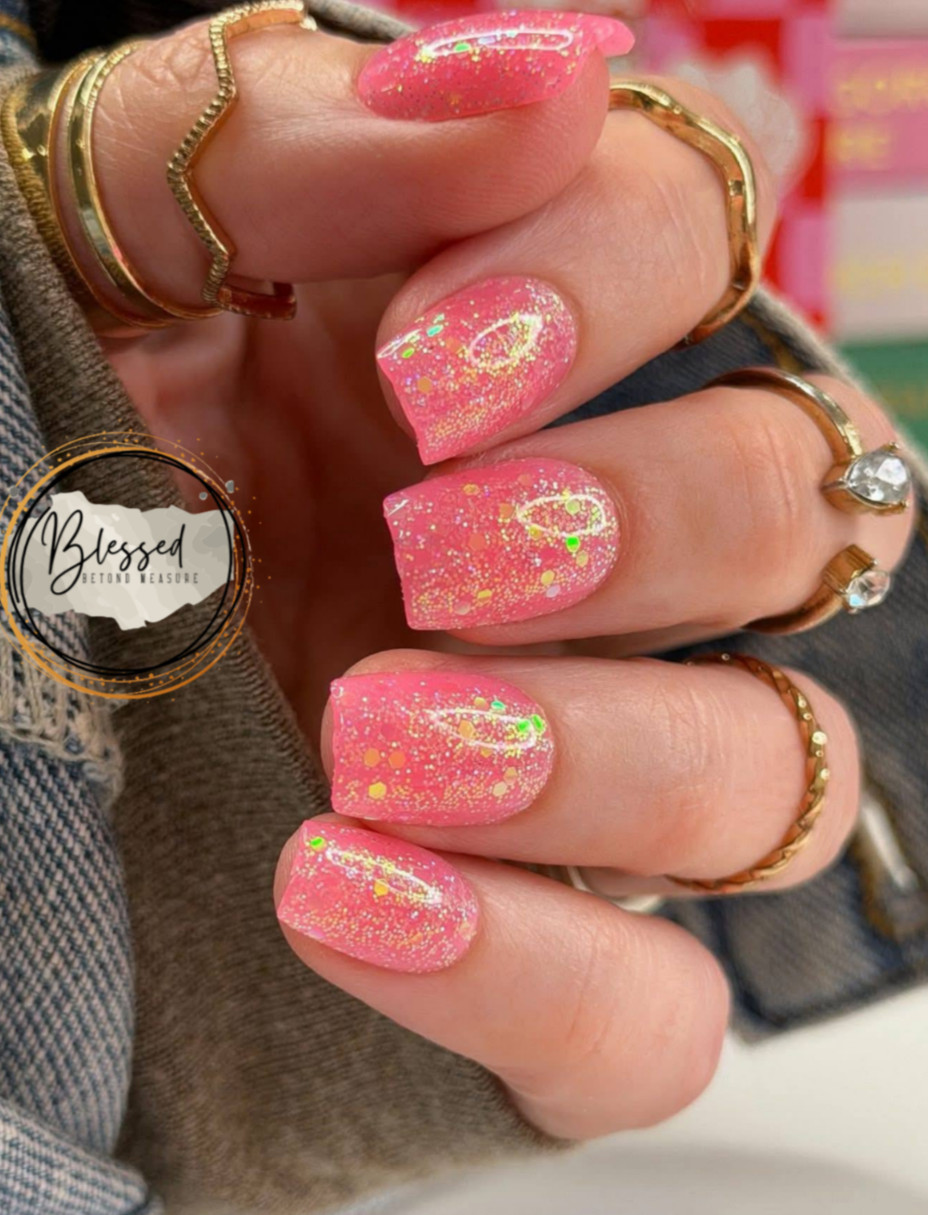 Red Aspen Press On Nails-Start with Sparkle, Sabella Short Coffin PINK Glitter