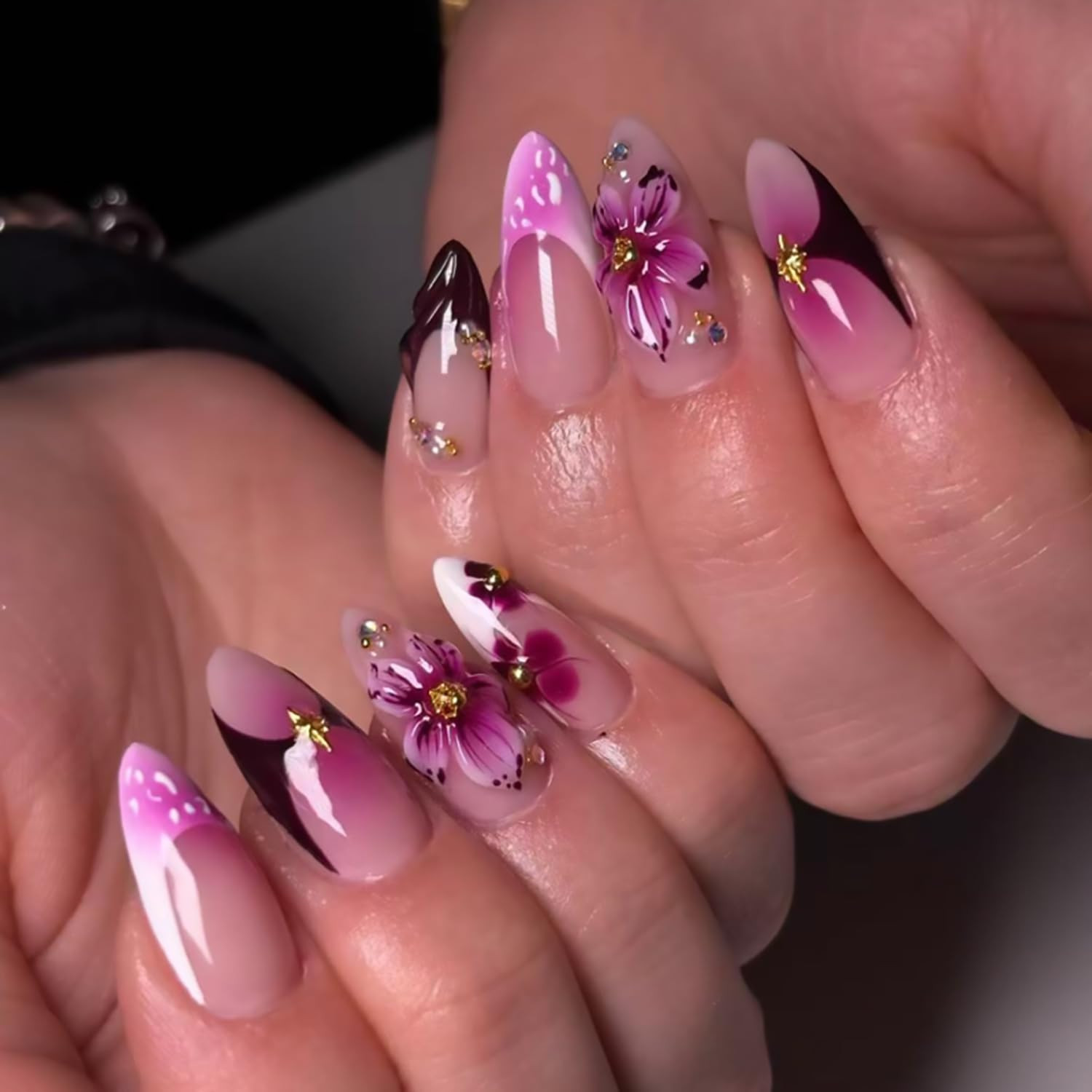 3D Purple Flower Press on Nails Medium Almond Fake Nail Black French Tip False N