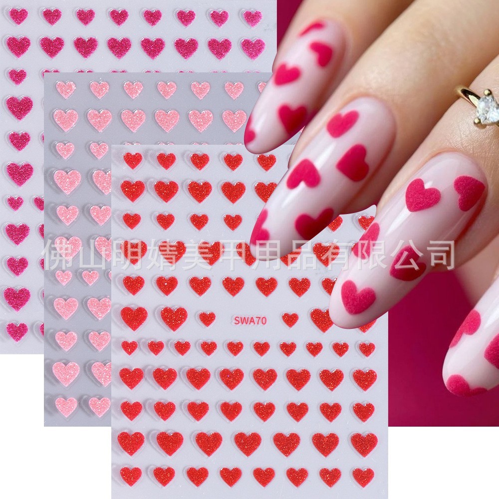 3 Sheets Nail Art Sticker Glitter Heart Valentine Decals Manicure DIY Peel NH28