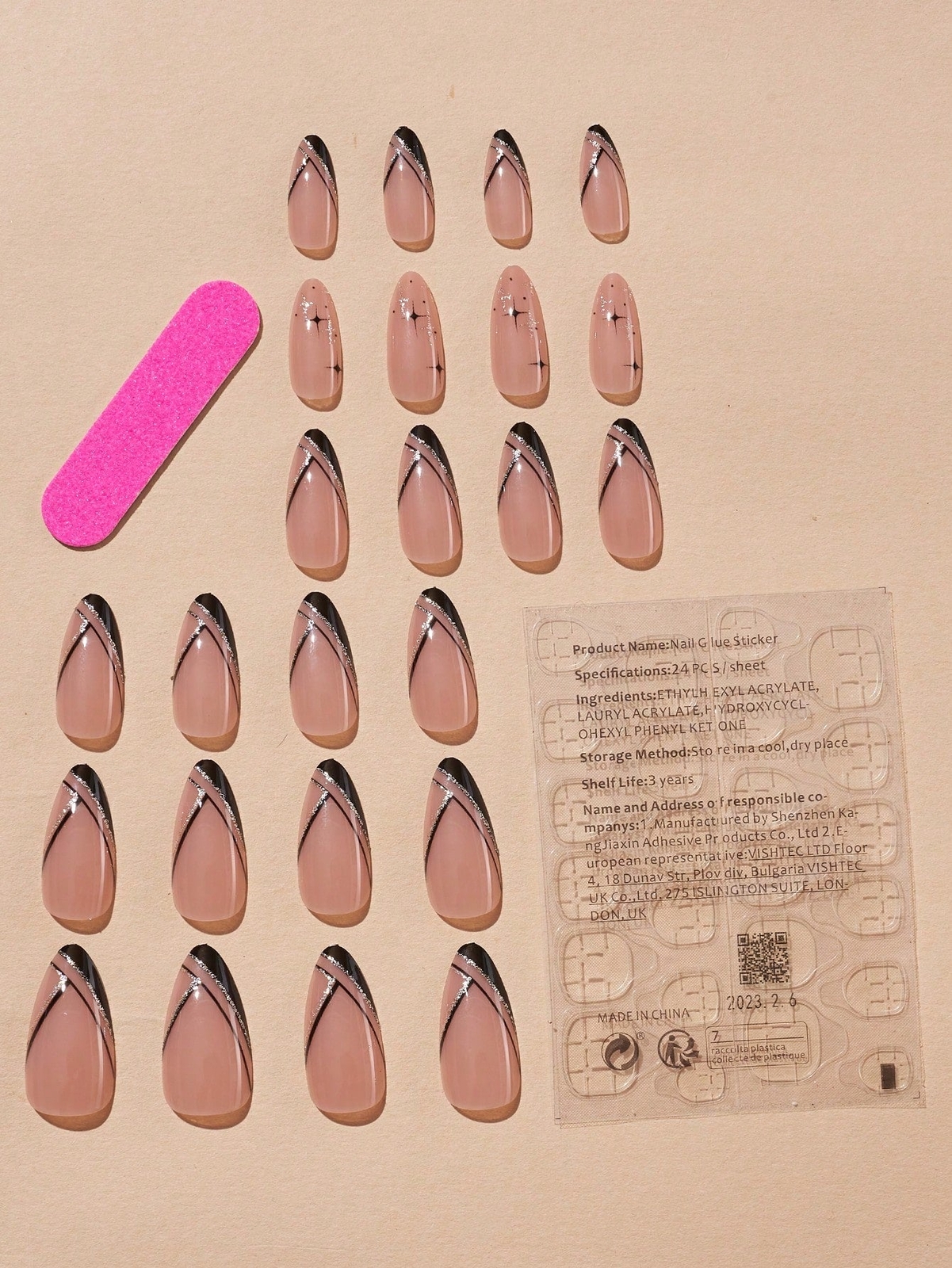 24pcs Long Almond Black Glitter Line Fake Nail Press On Nails False Nails Glue