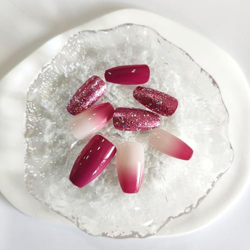 24Pcs Glitter Press on Nails Coffin Medium Fake Nails Pink Purple Nails Press
