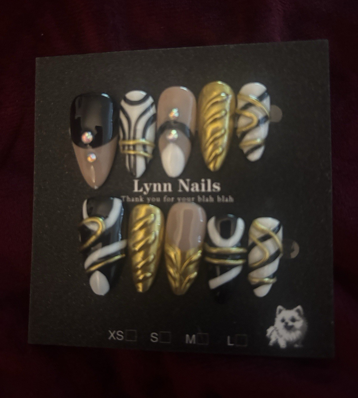 Lynn Nails Press-On Nails Set Black/Gold/White/Brown 3D Abstract Medium Almond