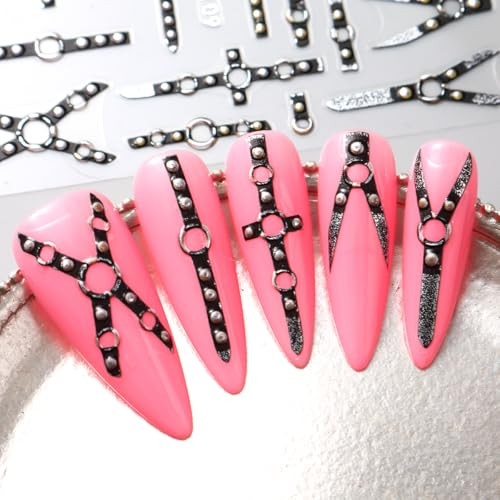 4 Sheets Black Punk Belt Nail Stickers Decals Goth Nail Charms 5D Embossed