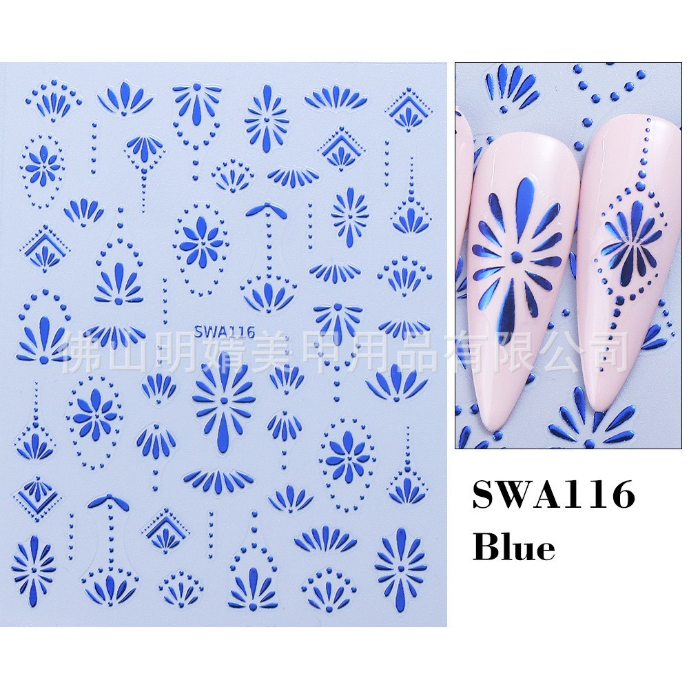3 Sheets Bohemian Style Nail Stickers Gold Silver Blue Flower Petals Line NH28
