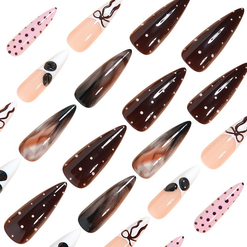 48pcs-Cute Press on Nails with Pink Brown Polka Dots, Bows and Marble, Glossy