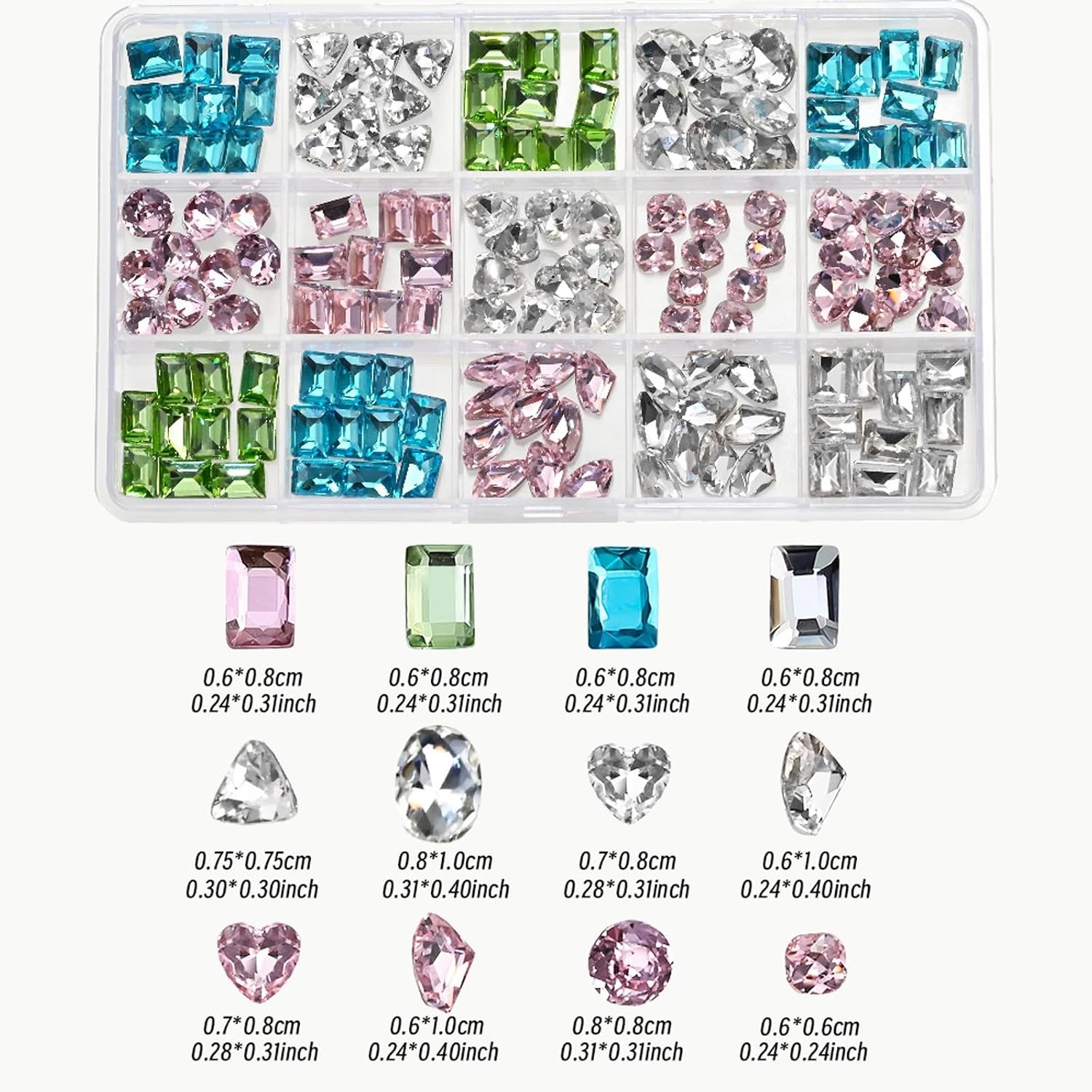 15Grid 3D Nail Rhinestones: Heart Gems, Crystal Glass Jewels for Art