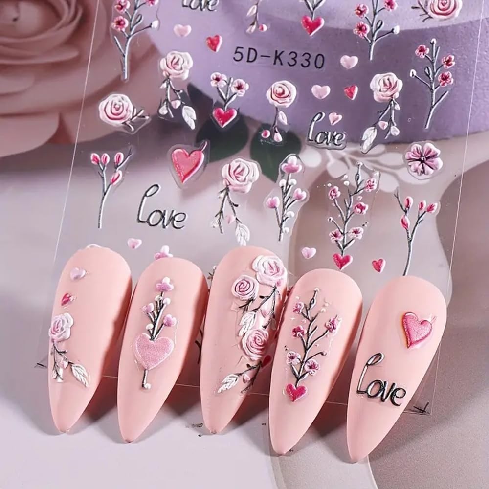 Purple Flower Nail Stickers 5D Embossed Branch Flowers Leaf Art A1