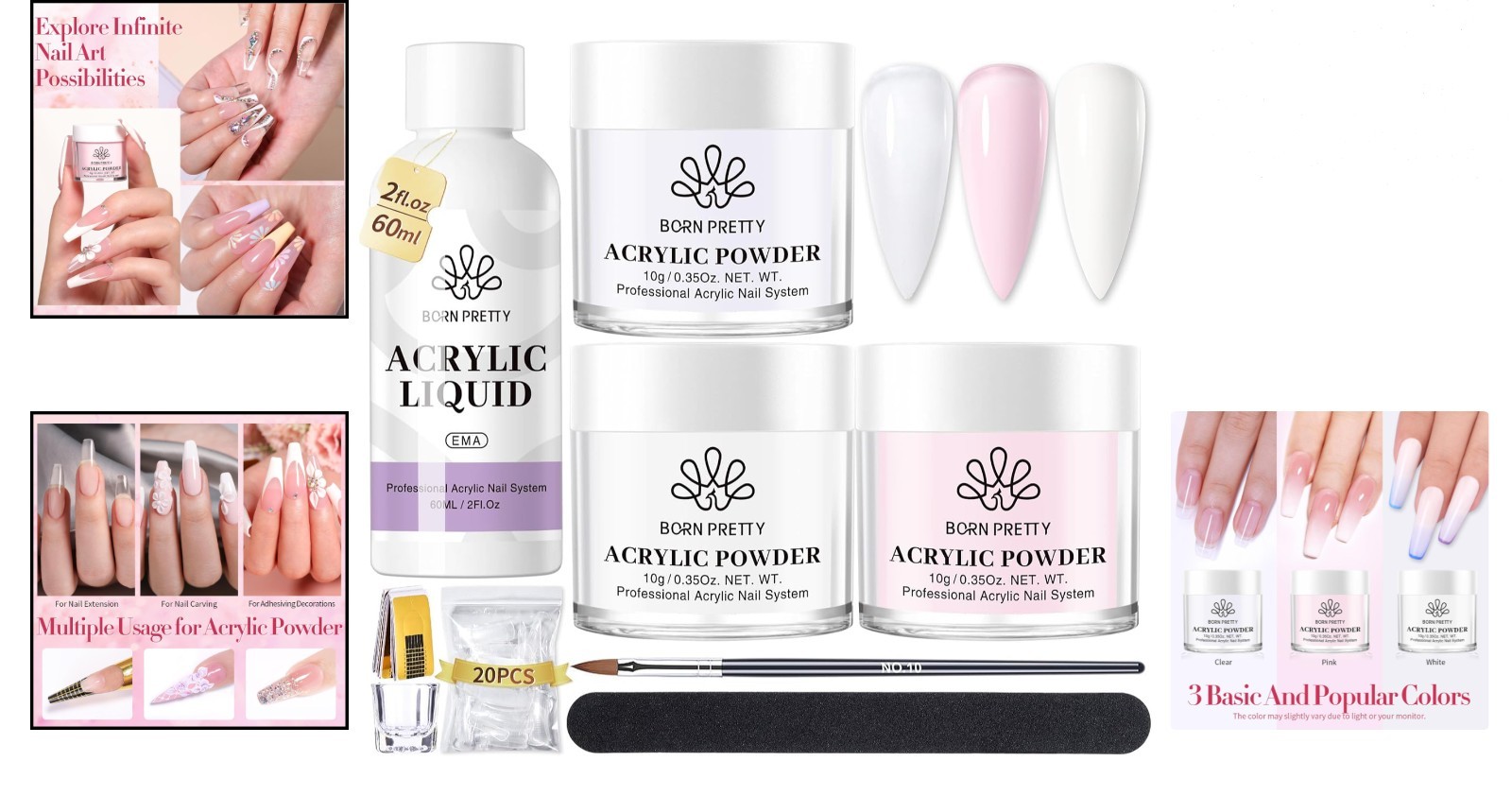 Luxury Acrylic Nail Kit: Pink, White, Clear Powder & Monomer for 40 Perfect Tips