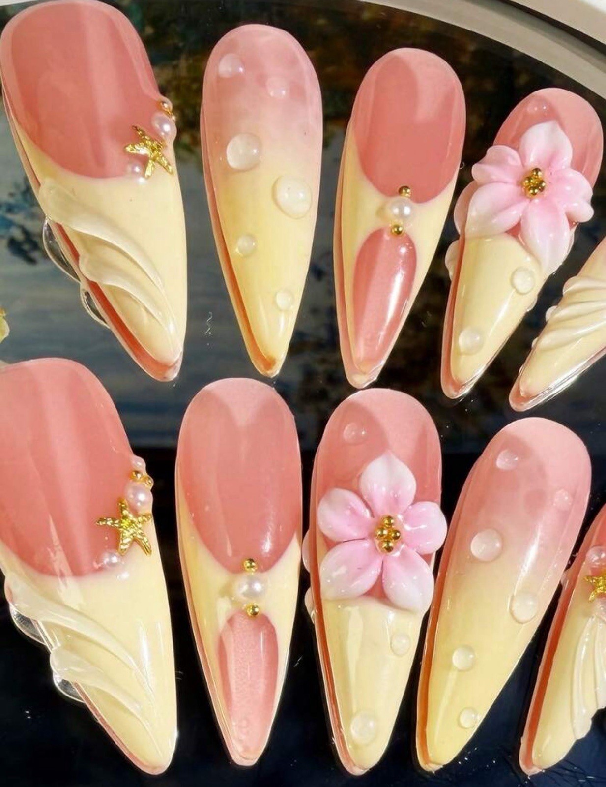 ENEN Medium Almond 3D Floral Press-On Nails Pre-Designed Pink Ivory