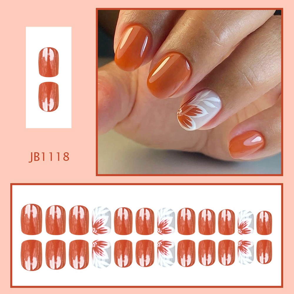 48pcs-Burnt Orange Press on Nails, Short Round Hand-Painted Flower False Nails
