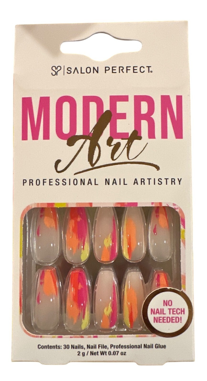 Salon Perfect 30 Nail Modern Art Long Coffin Glossy Clear+Orange+Pink Art Design