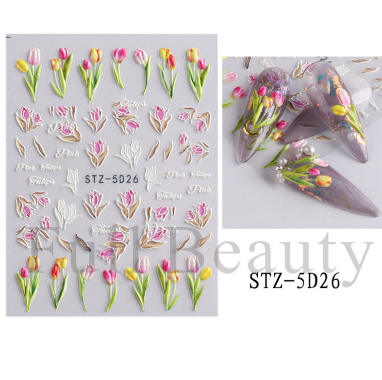 5D Embossed Tulip Camellia Flowers Leaf Nail Stickers Water Sliders Manicure DIY