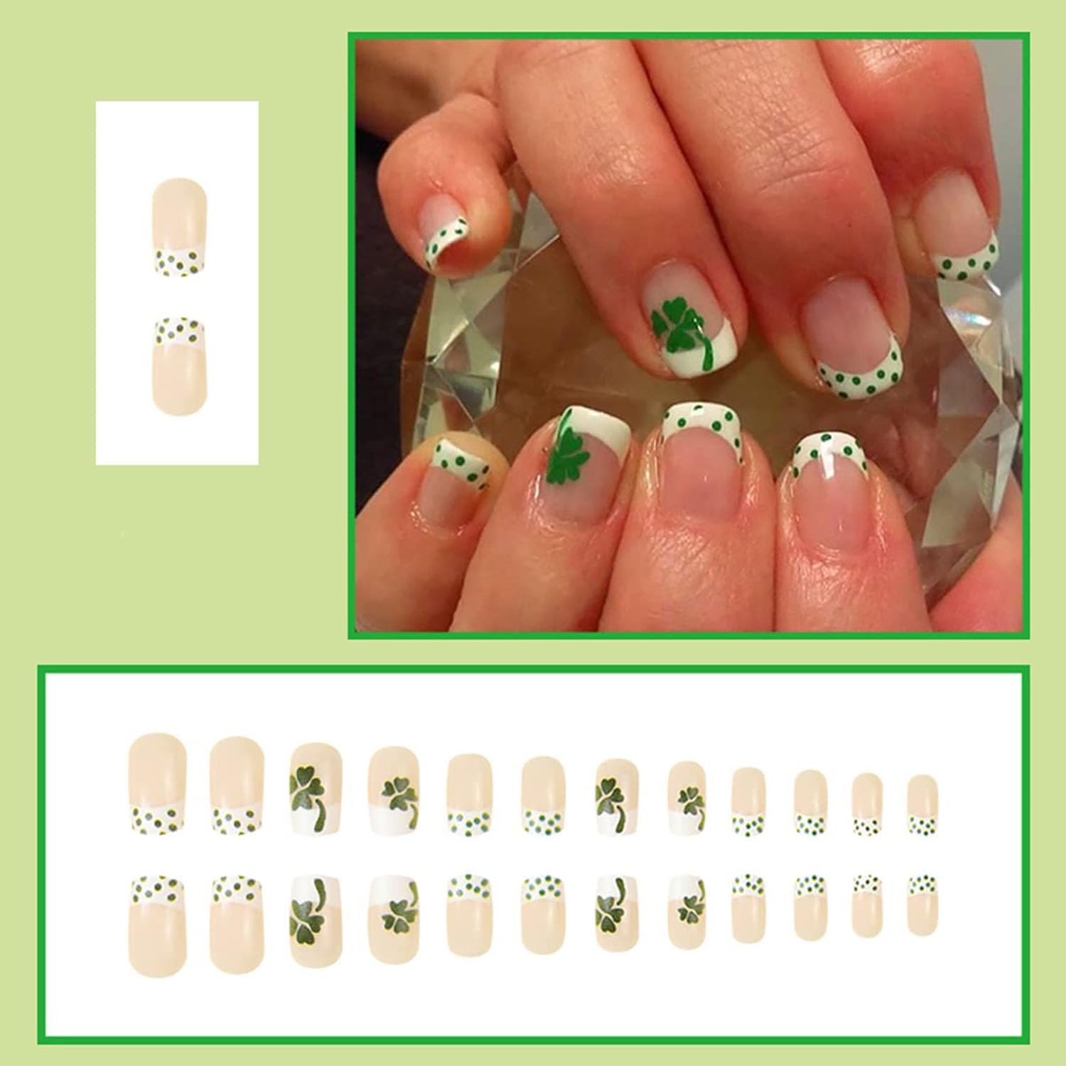 St. Patrick’s Day Press on Nails French Tips Artificial Square Short Fake Nai…