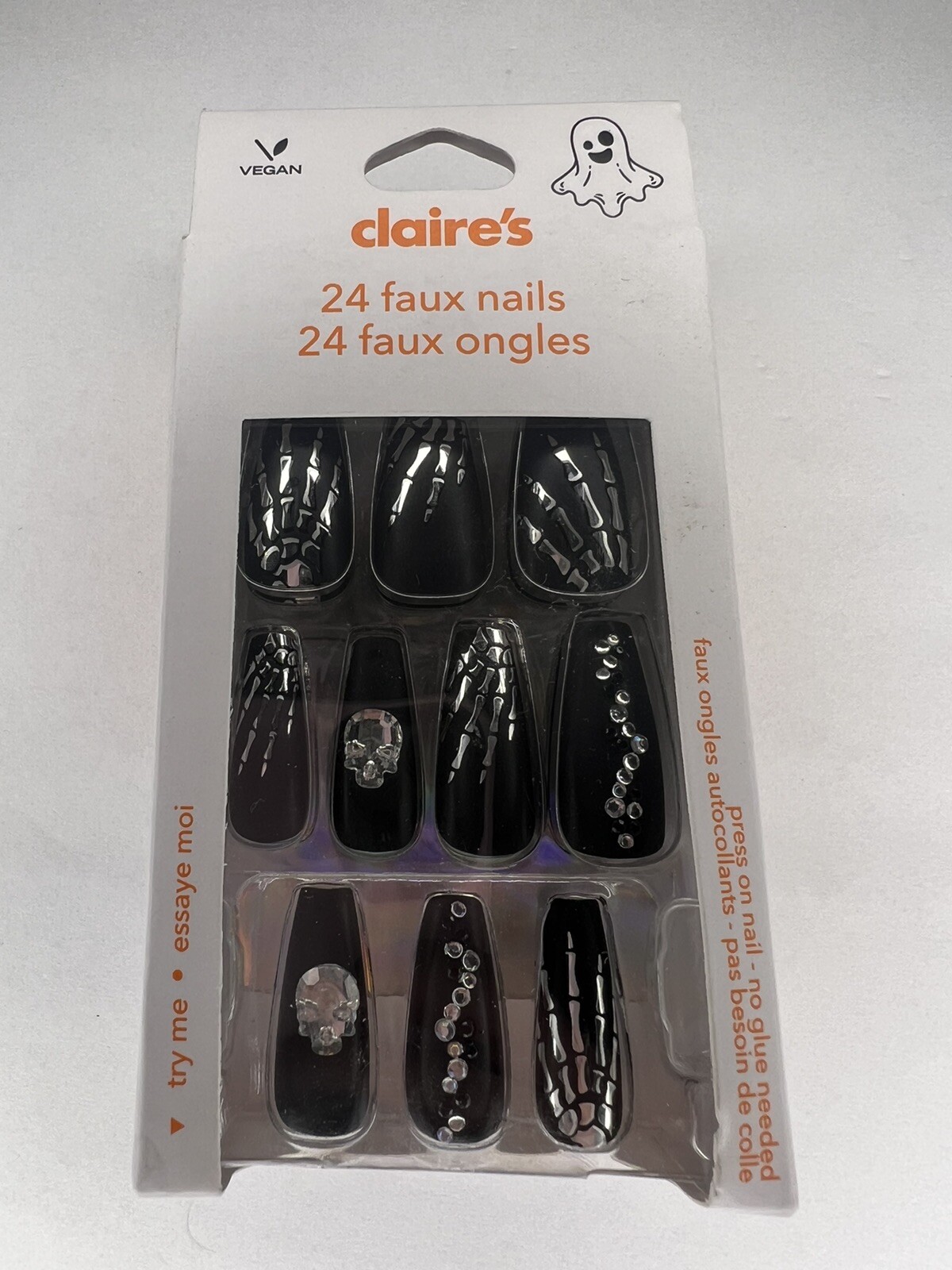 24pc Claire’s Fake False Press On Nails Glue On Vegan Black Skeleton Coffin