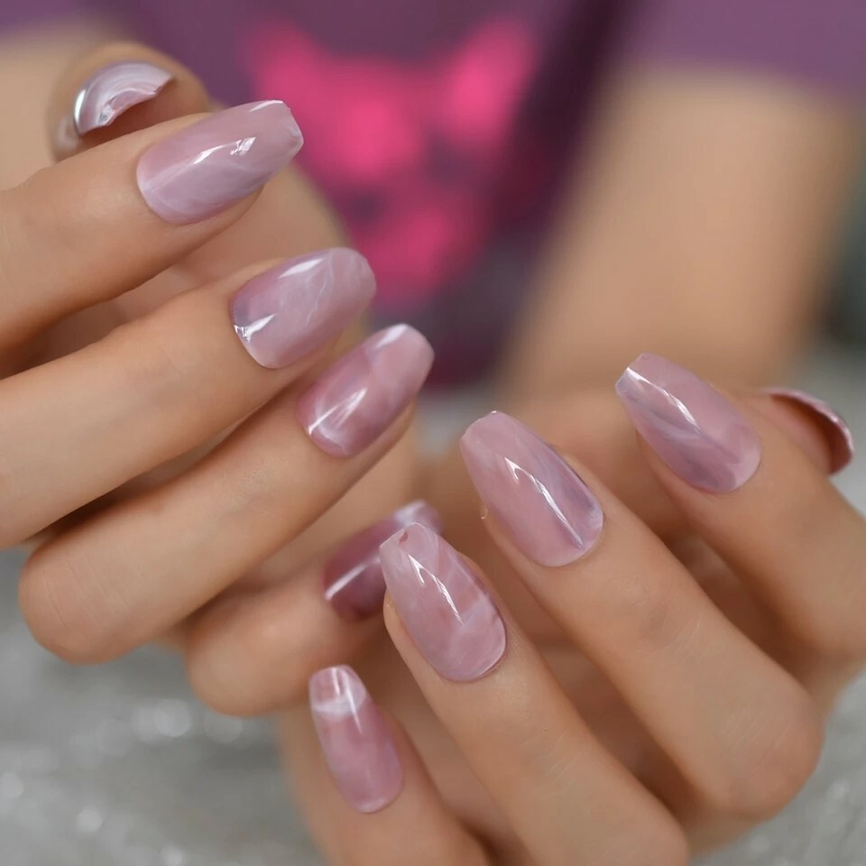 24 Rose Quartz Press On Nails Glue On Kit Pink Marble Medium coffin