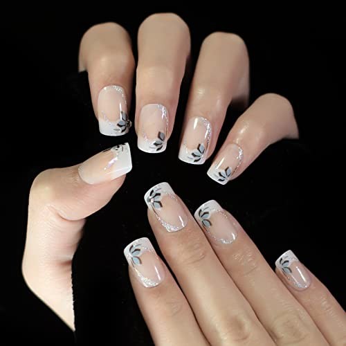 Press on Nails – Shiny Short Flower Glitter Deco Ombre False Nails | UV L5431
