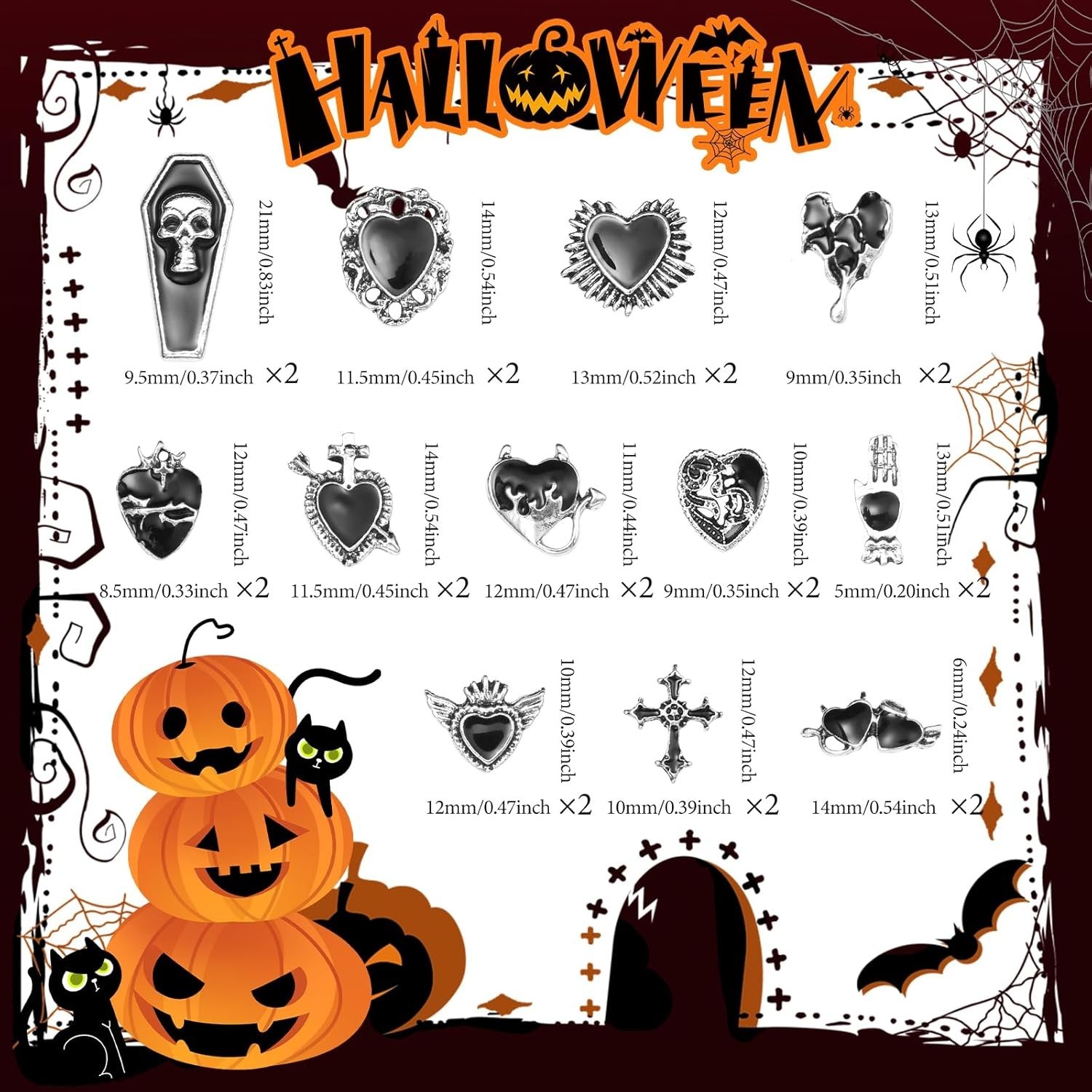 Halloween Nail Charms 24pcs Gothic Heart Cross Tombstone Gems Art Accessories