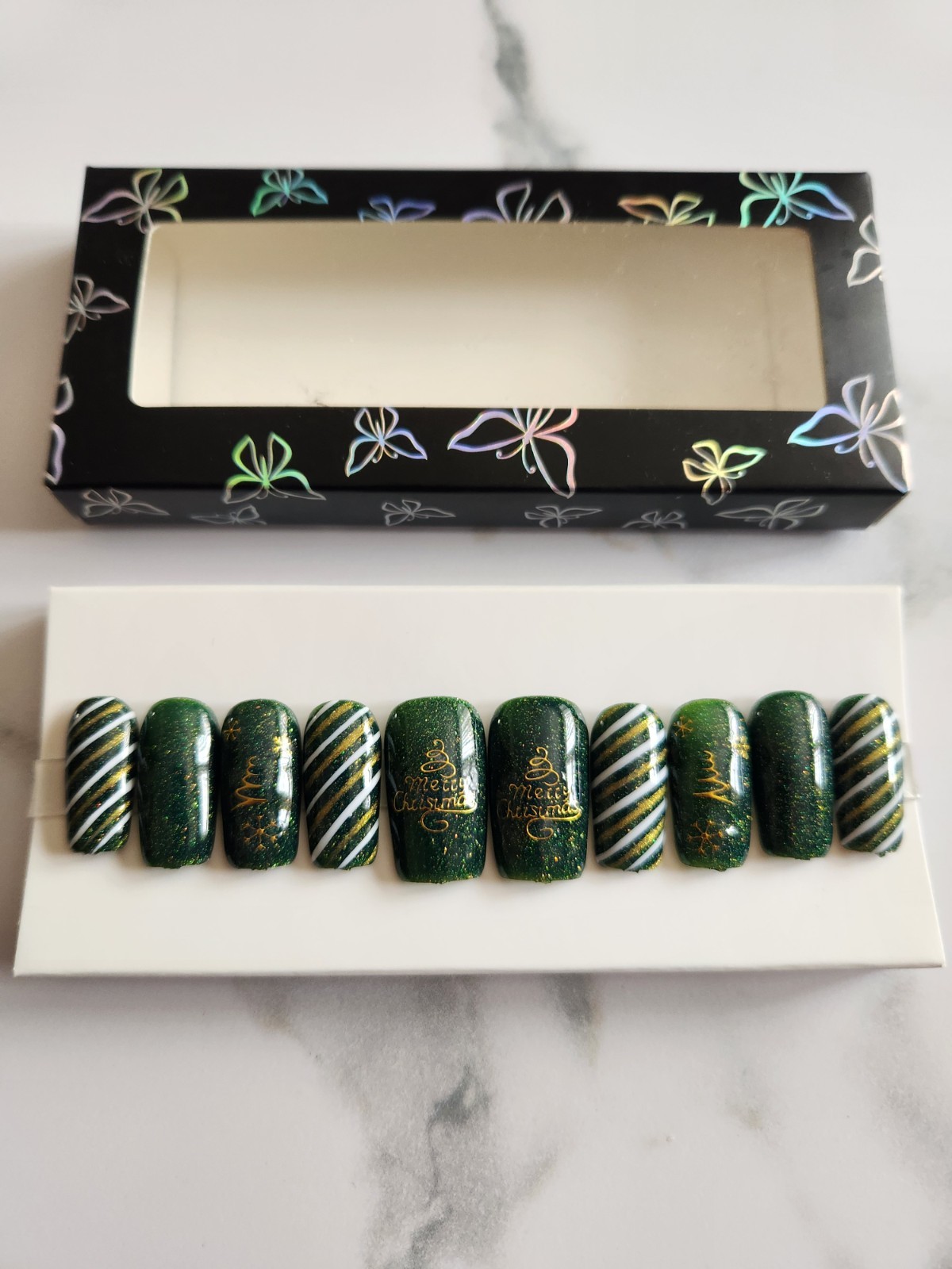 Holiday Press-On Nails Set. 1 Full Set. 10 Pcs. Hand Painted!!! New.