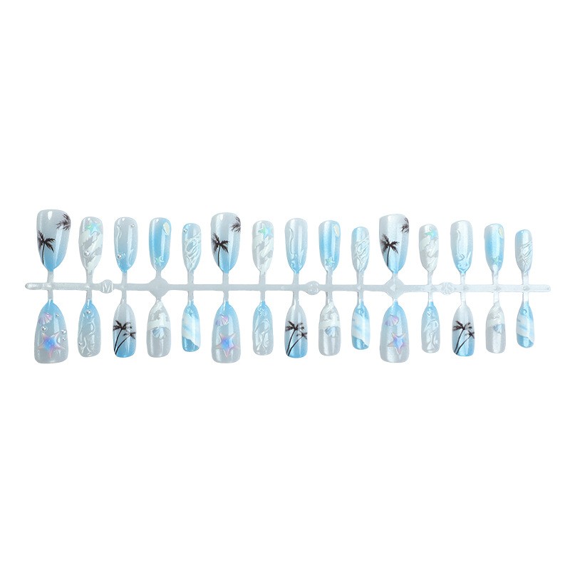 60Pcs-Blue Ocean 3D Starfish Shell Short Square Press on Nails Palm Tree Tips