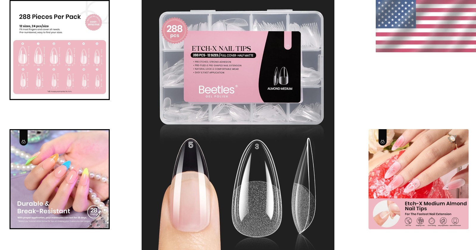 Beetles Medium Almond Nail Tips 576pcs Clear Soft Gel Pre-Etched Full Cover Set