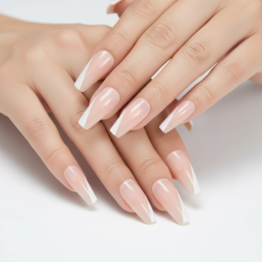 Natural Nude White French Press On Nails Extra Long Coffin Ballerina Fake Nails