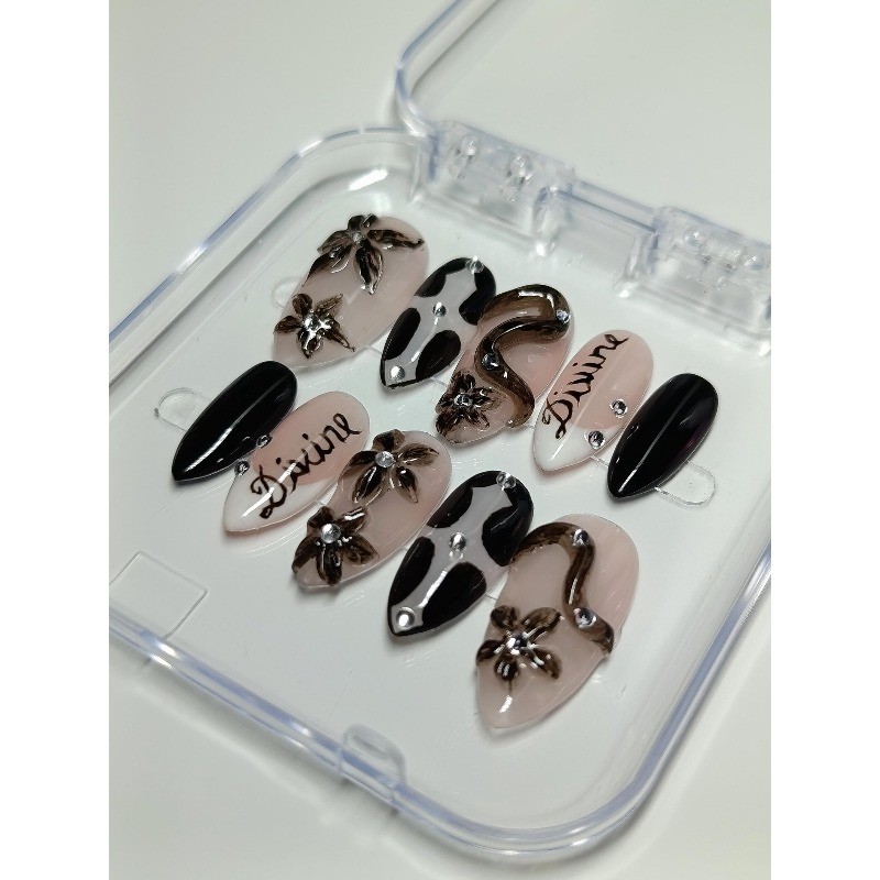Cow Print Floral Handmade Press on Nails Letter Rhinestone Sheer Fake Nails
