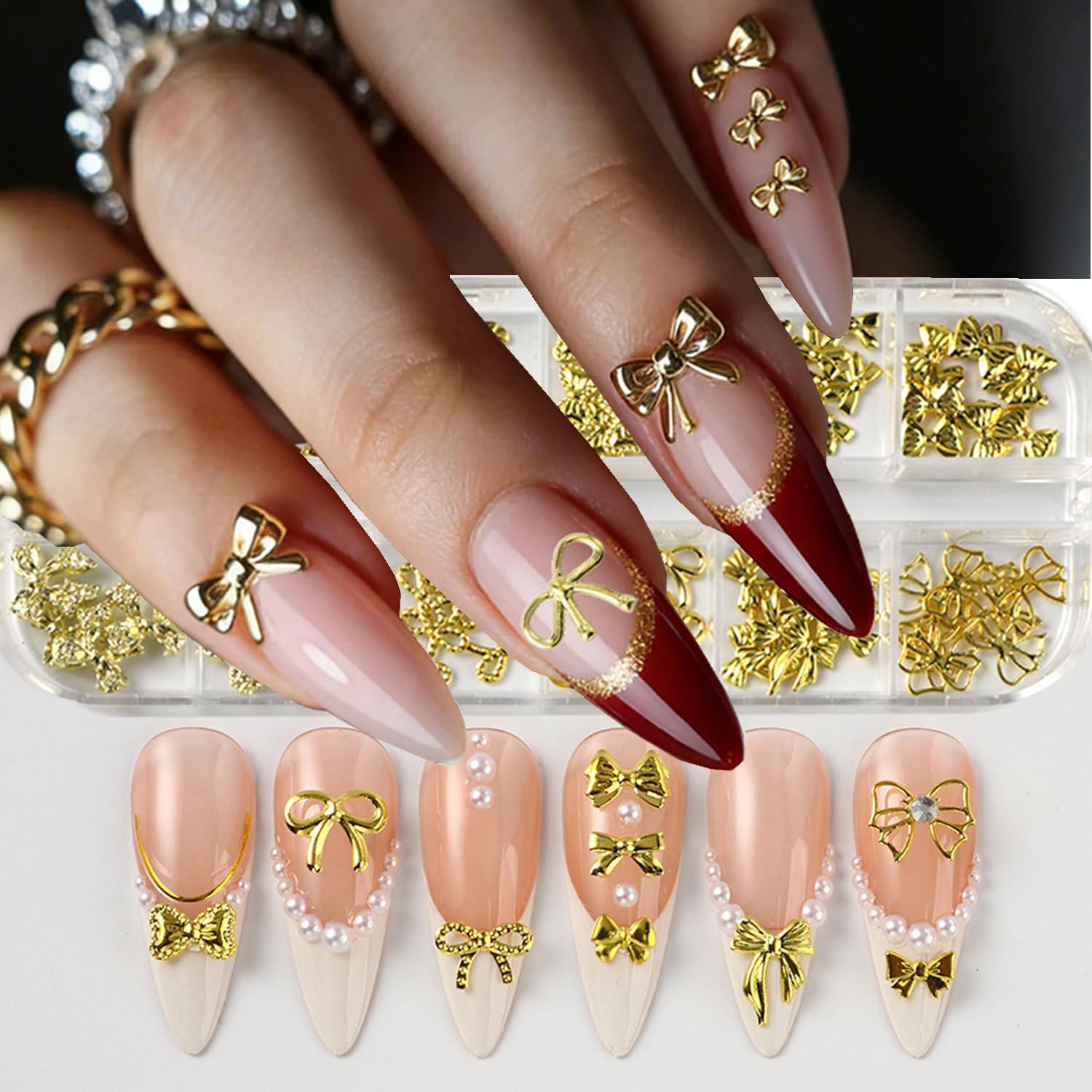 12Grids Gold Bow Nail Charms 3D Metal Bow Nail Art Charms Cute Bow Knot Nail Rhi