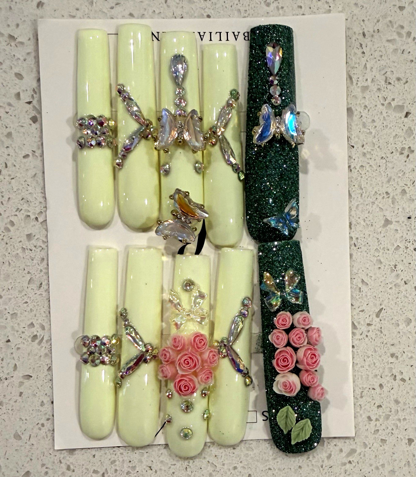 Light & Dark Green Glitter 3D Shiny Butterfly Flower Long Coffin Press-On Nails