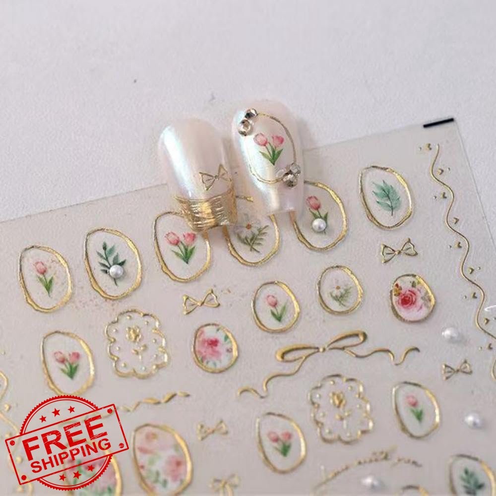 5D Embossed Tulip Flower Nail Art Stickers Gold Hollow Geometric Frames