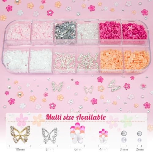 3D Flower Nail Charms Chunky Butterfly 2 Box Colorful Flowers Buterrfly Charms