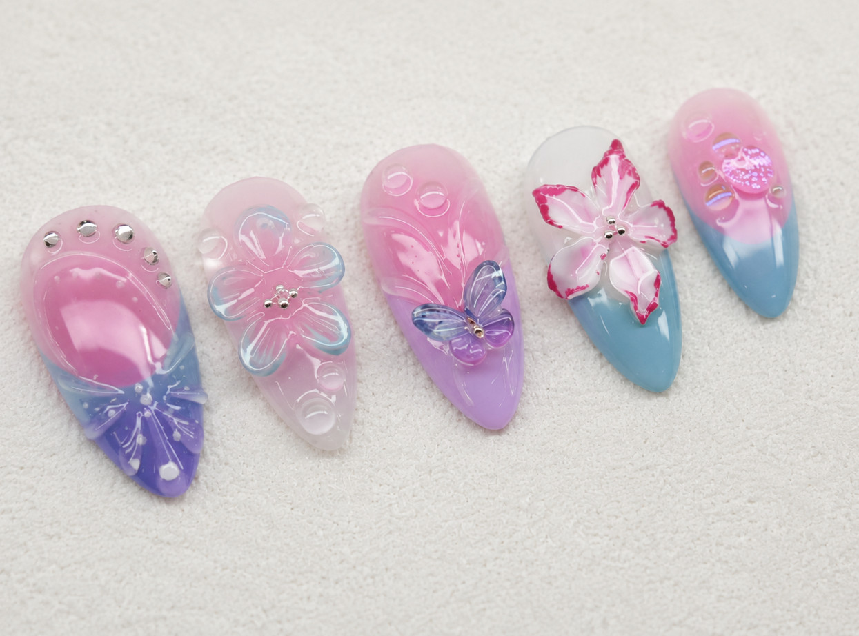 24Pcs Middle Length Purple French Press On Nails 3D Pearl Almond