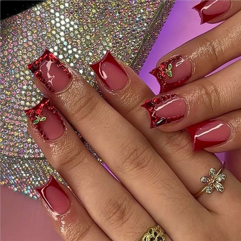 Medium Square Bling Diamond Cherry Press On Nails Removable Wholesale