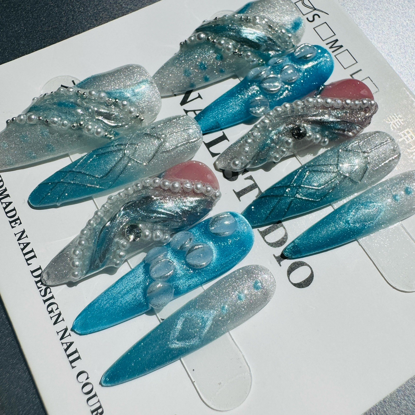 Press-On Nails Long Stiletto Blue/Silver/Pink Ombre Glitter 3D Pre-Designed