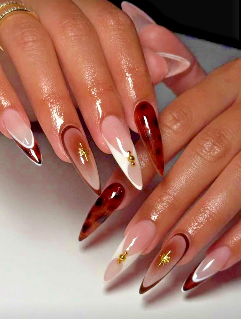 24pcs Long Leopard Print Ombre Brown & White w/ Gold Accents Press-On Nails New