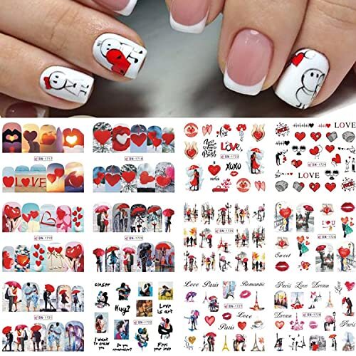 12 Sheets Nail Stickers Love Tower Umbrella Patterns Design Valentine’s Day