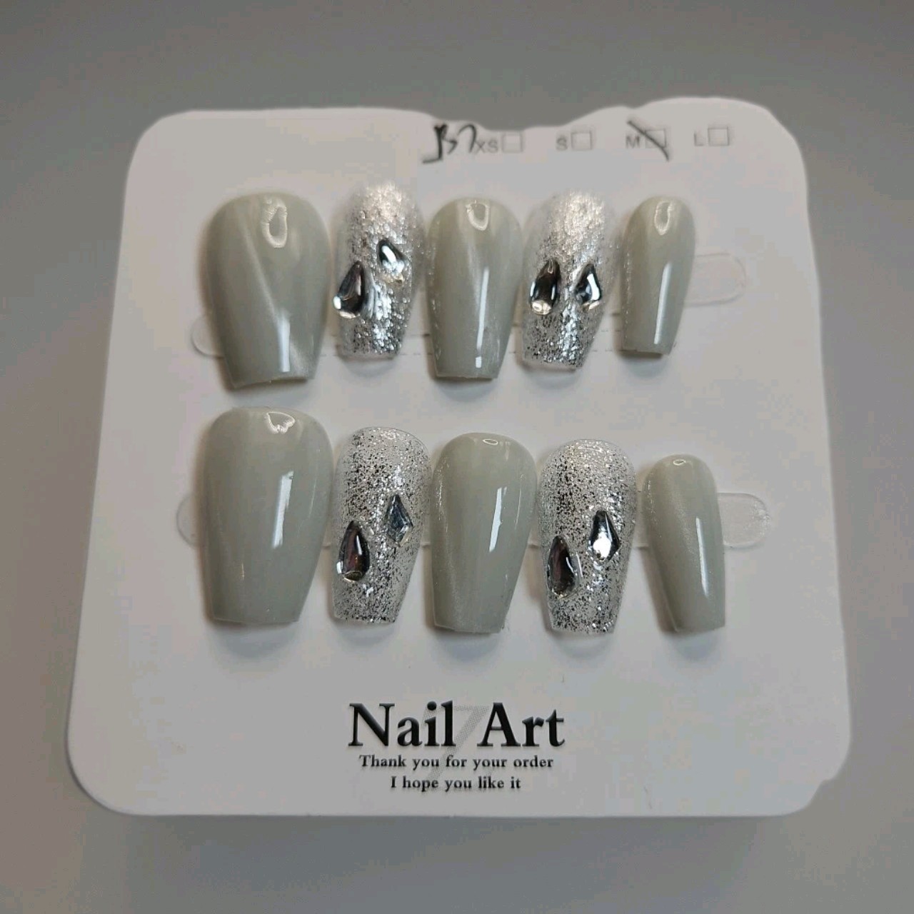 Nail Art Sliver 10 Square Press-On Nails With Gems Cateye
