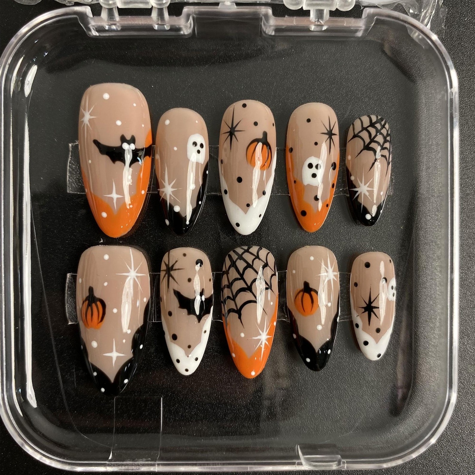 Custom Handmade Halloween Bat Ghost Pumpkin Spider Web Nude Almond Press on Nail